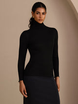 [Noir] SilkSilky-FR Long Sleeve Turtle Neck Femme T-Shirt 003