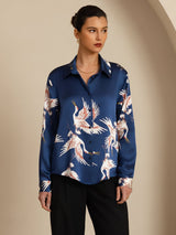 [Bleu Foncé] SilkSilky-FR 19Momme Manches longues Col à Revers Femme Chemise 004
