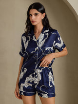 [Guépard Bleu Marine] SilkSilky-FR Short Sleeve Notch Collar Femme Pyjamas 005