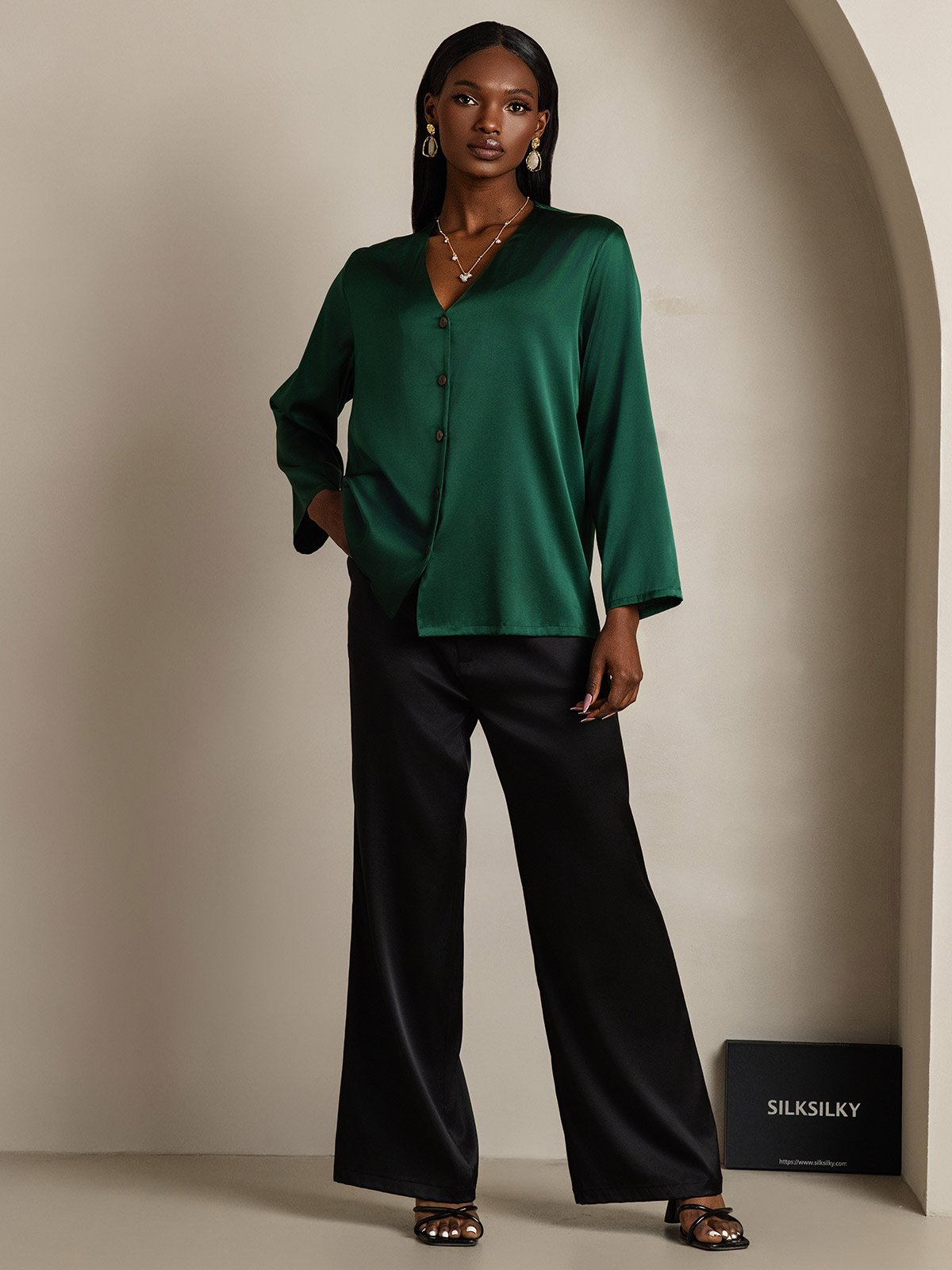 [Vert Foncé] SilkSilky-FR 19Momme Soie Col en V Femme Chemise 001