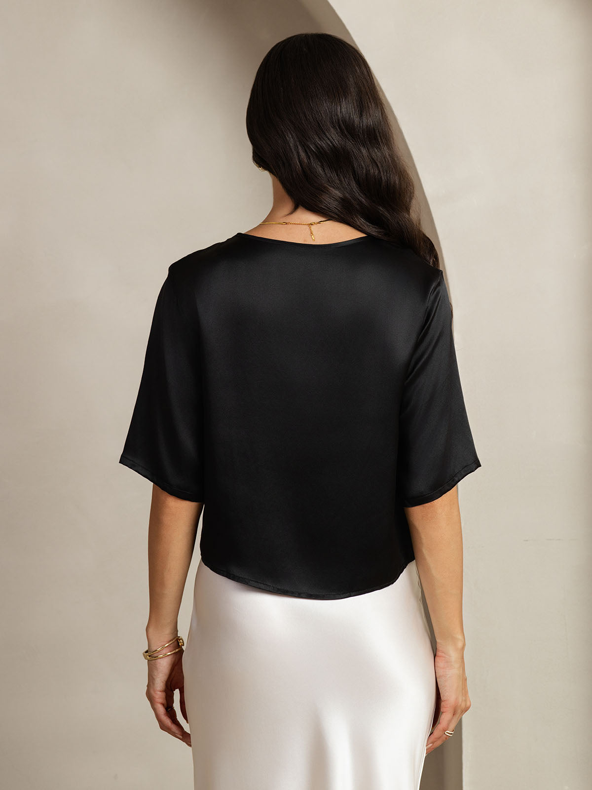 [Noir] SilkSilky-FR Pure Soie Col Bateau Femme T-Shirt 002