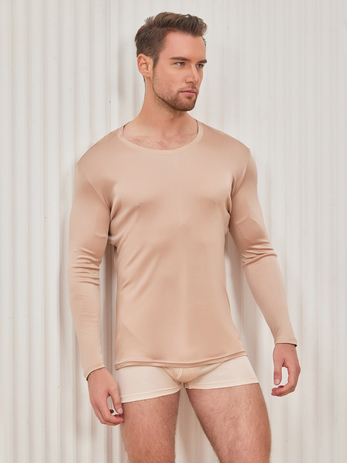 SilkSilky FR Soie Tricotée Manches longues Col Rond Homme T Shirt Beige 004