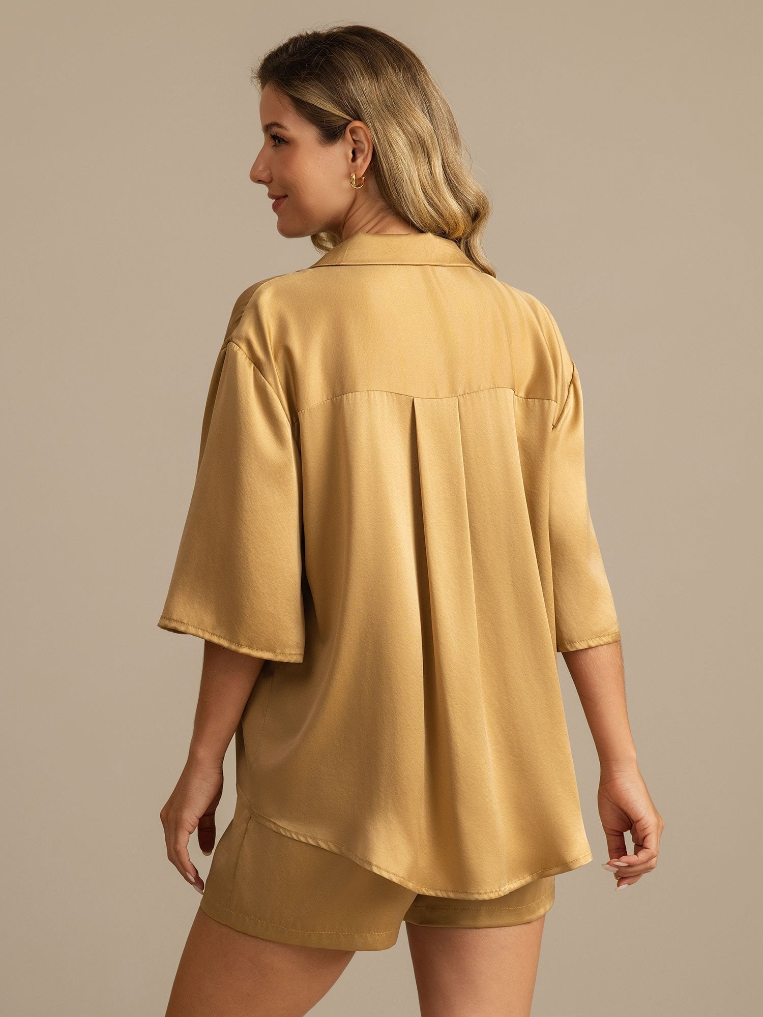 [Tan] SilkSilky-FR 19Momme Soie Manches mi-longues Col Chemise Femme Pyjamas 002