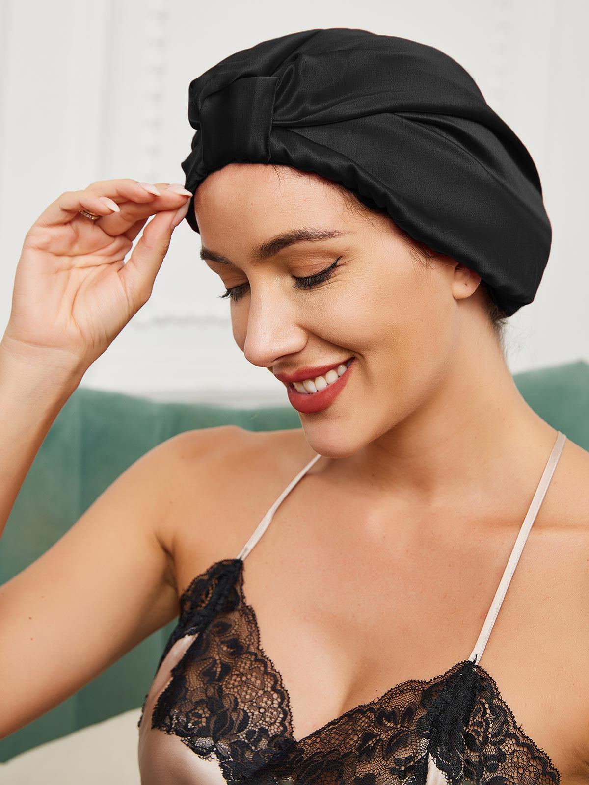 [Noir] SilkSilky-FR Pure Soie Sleep Cap 001