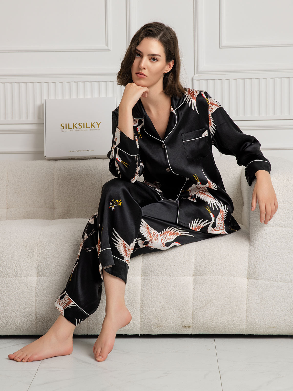 [Noir] SilkSilky-FR 19Momme Pure Soie Womens Pajamas 001