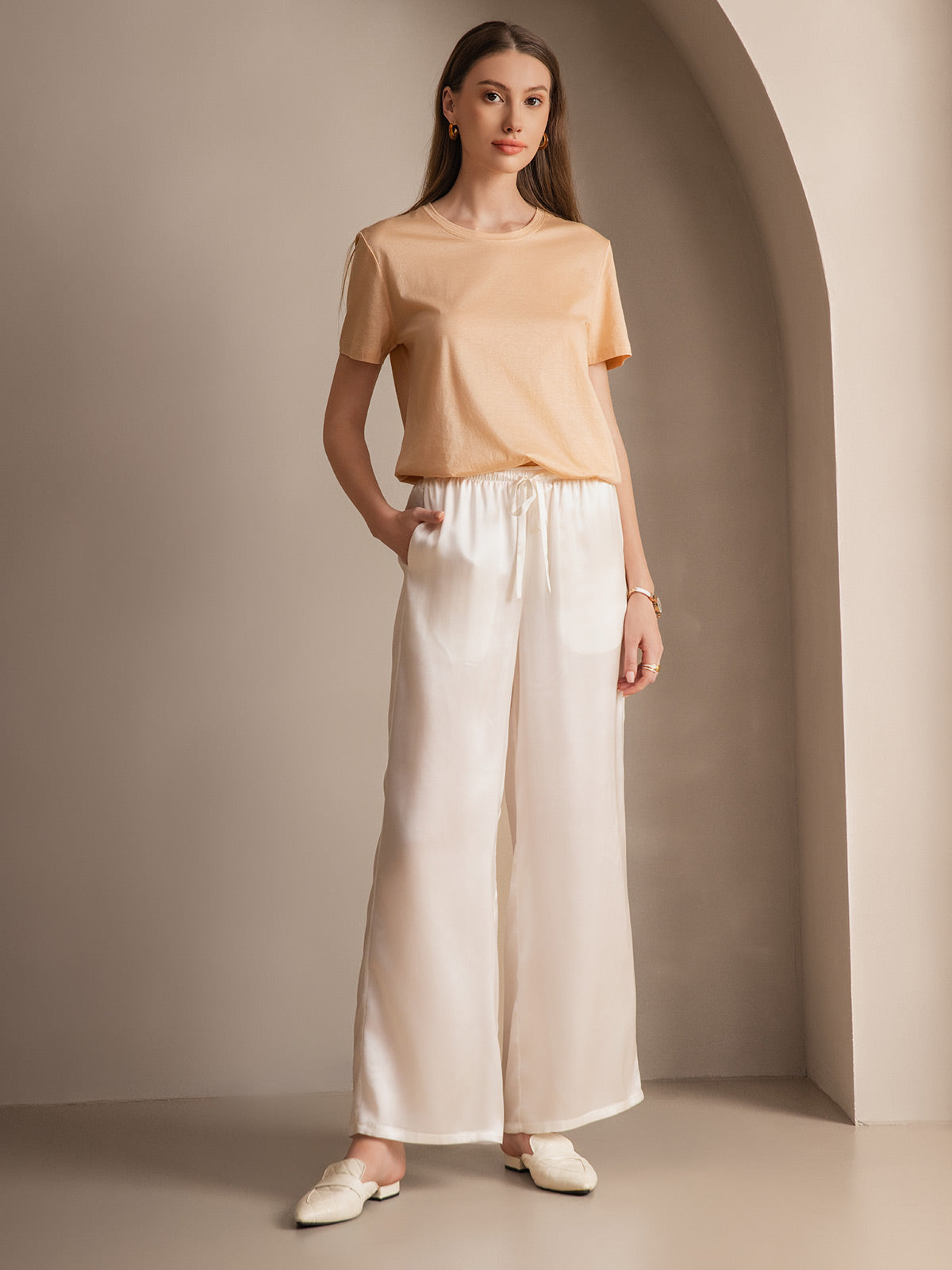 [Blanc] SilkSilky-FR Pure Soie Womens Pants 002