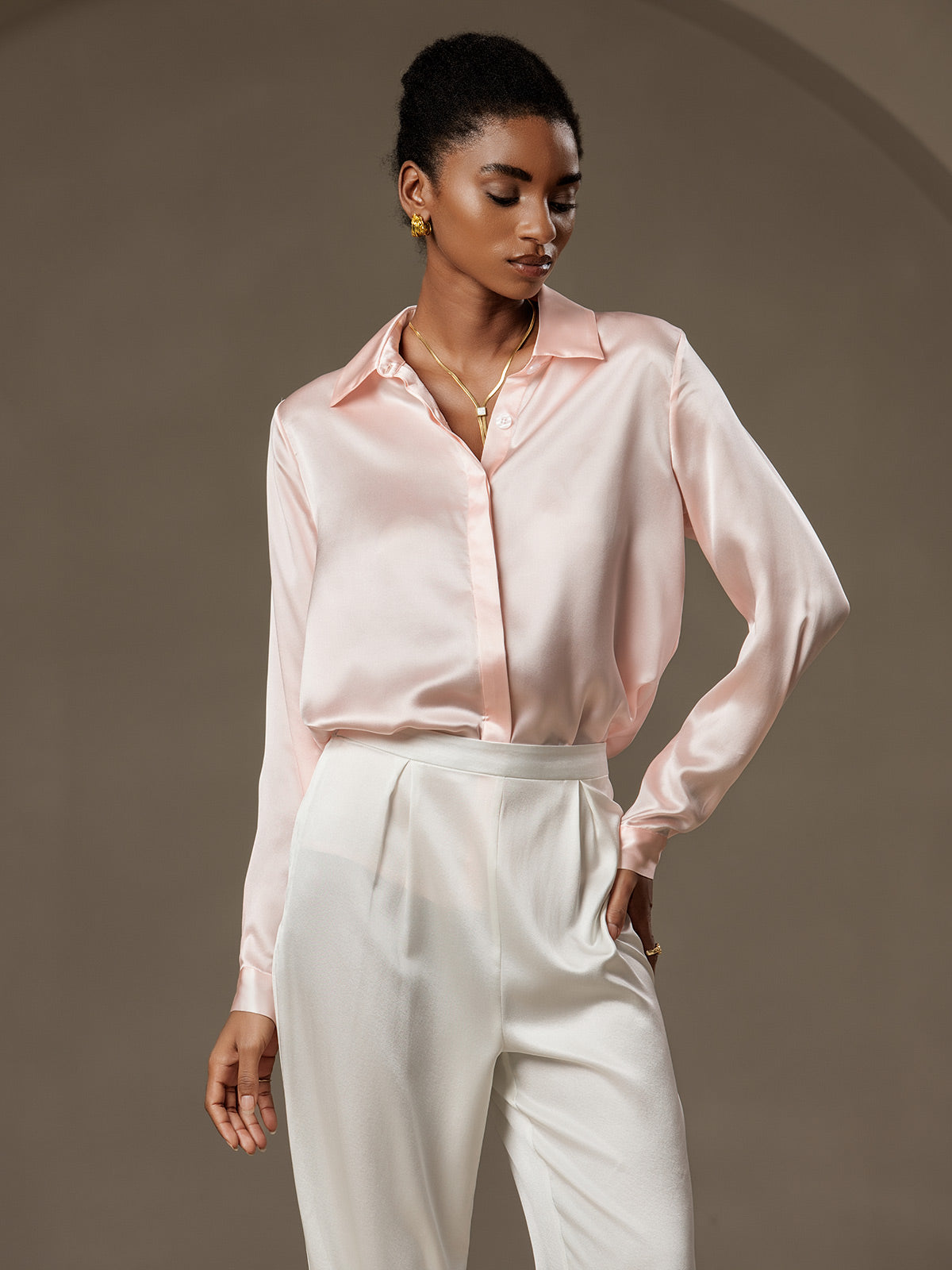 [Rose] SilkSilky-FR 19Momme Soie Lapel Collar Femme Chemise 001