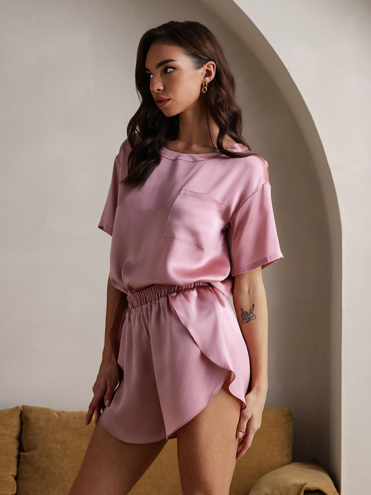 [Mauve Pâle] SilkSilky-FR Pure Soie Col Rond Femme Pyjamas 001