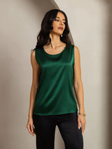 [Vert Foncé] SilkSilky-FR Sleeveless Round Neck Top À Fines Brides 001