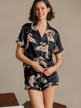 [Noir] SilkSilky-FR Short Sleeve Lapel Collar Femme Pyjamas 001