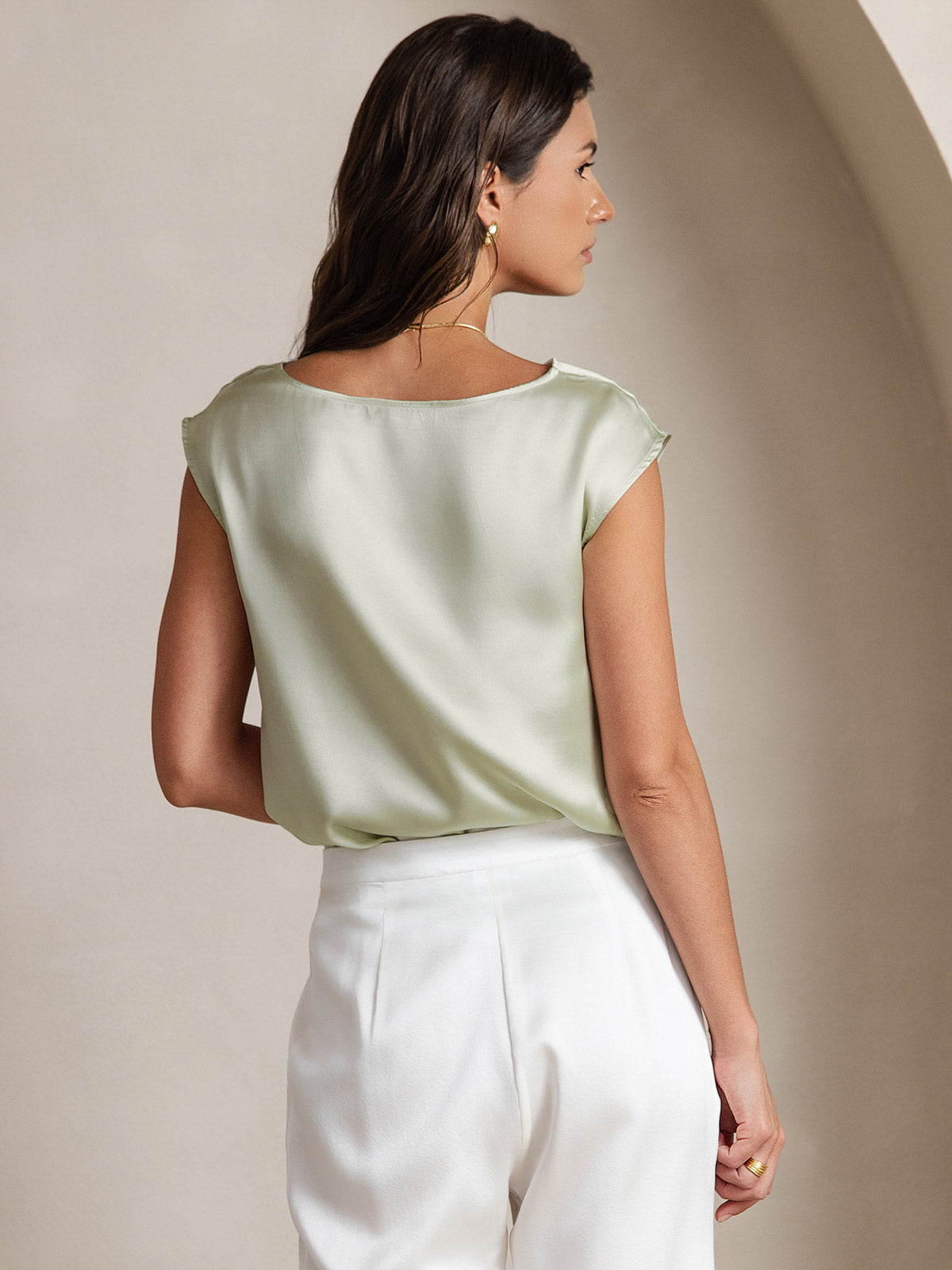 [Vert Clair] SilkSilky-FR 19Momme Soie Col Bénitier Femme T-Shirt 002