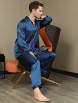 [Bleu Foncé] SilkSilky-FR Pure Soie Manches longues Revers Homme Pyjamas 008