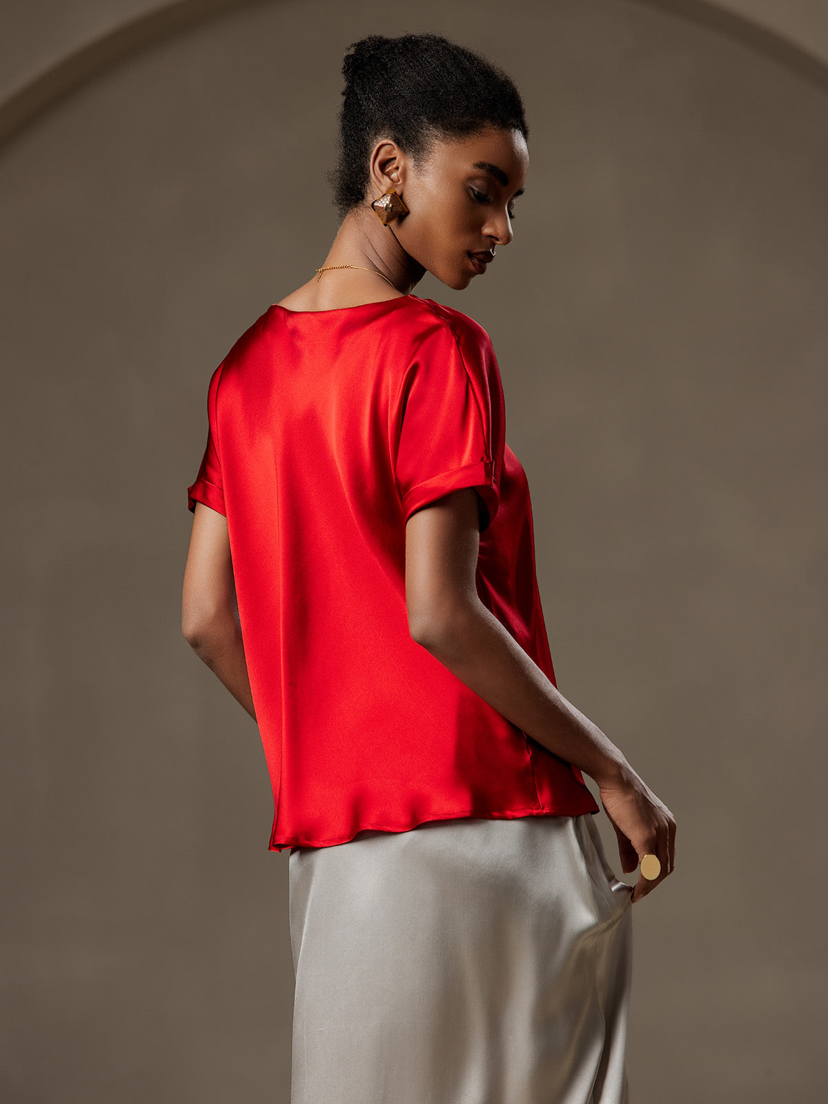 [Rouge Vineux] SilkSilky-FR 19Momme Soie Col Rond Femme T-Shirt 002