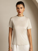 [Gris] SilkSilky-FR 100% Silk Jersey Short Sleeve Mock Neck Femme T-Shirt 006