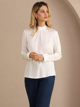 [Blanc] SilkSilky-FR Long Sleeve Stand Collar Blouse 004