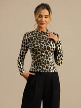 [Leopard] SilkSilky-FR Manches longues Col Mock Femme T-Shirt 005