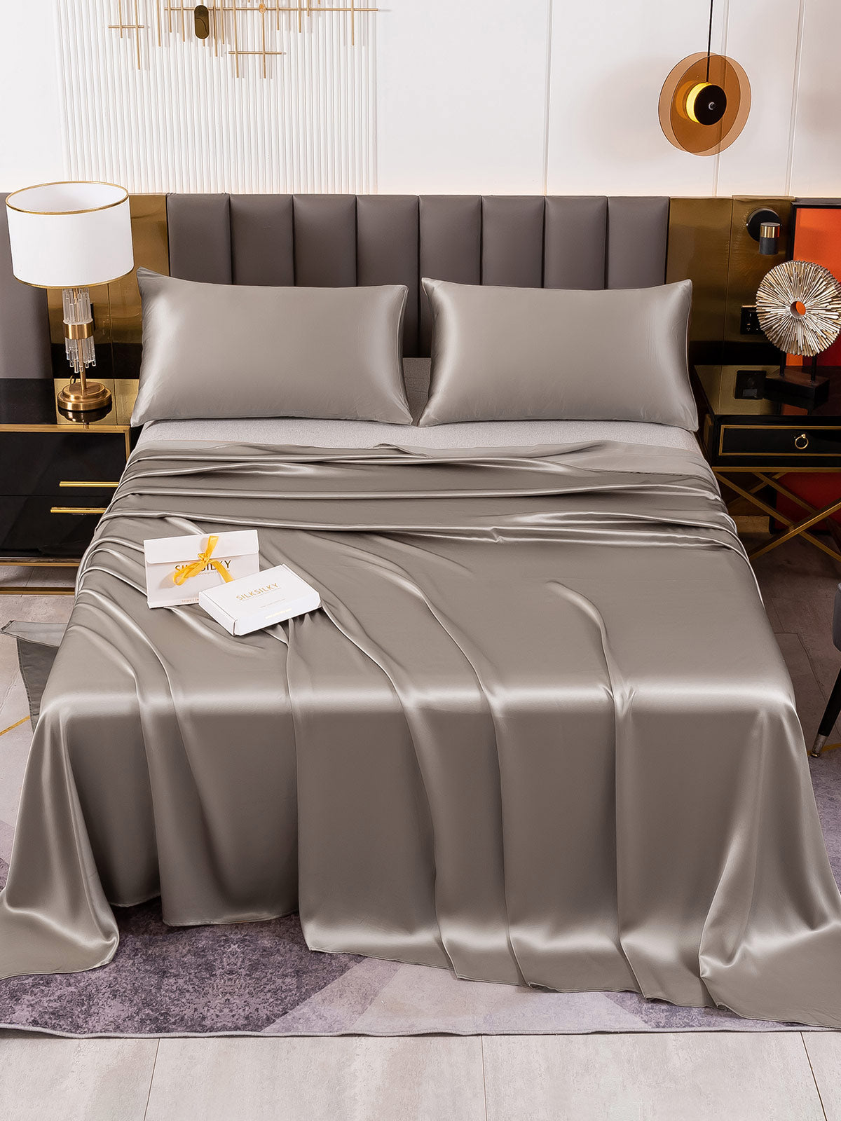 SilkSilky FR 19Momme Pure Soie Bedding Set Gris 002