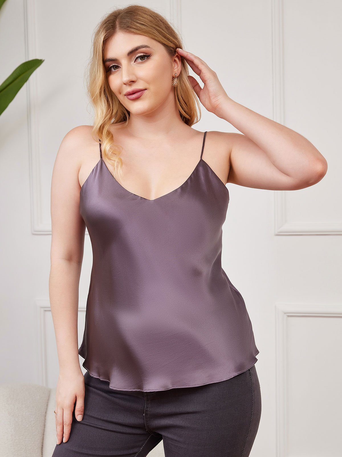 [Gris Pourpre] SilkSilky-FR Fines Brides Col V Top À Fines Brides grandes tailles 001
