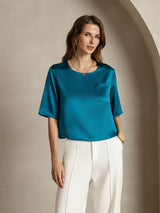 [Bleu Royal] SilkSilky-FR Manches mi-longues Encolure Dégagée Femme T-Shirt 004