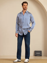 [Rayure Marine] SilkSilky-FR 19Momme Manches longues Col à Revers Homme Chemise 007