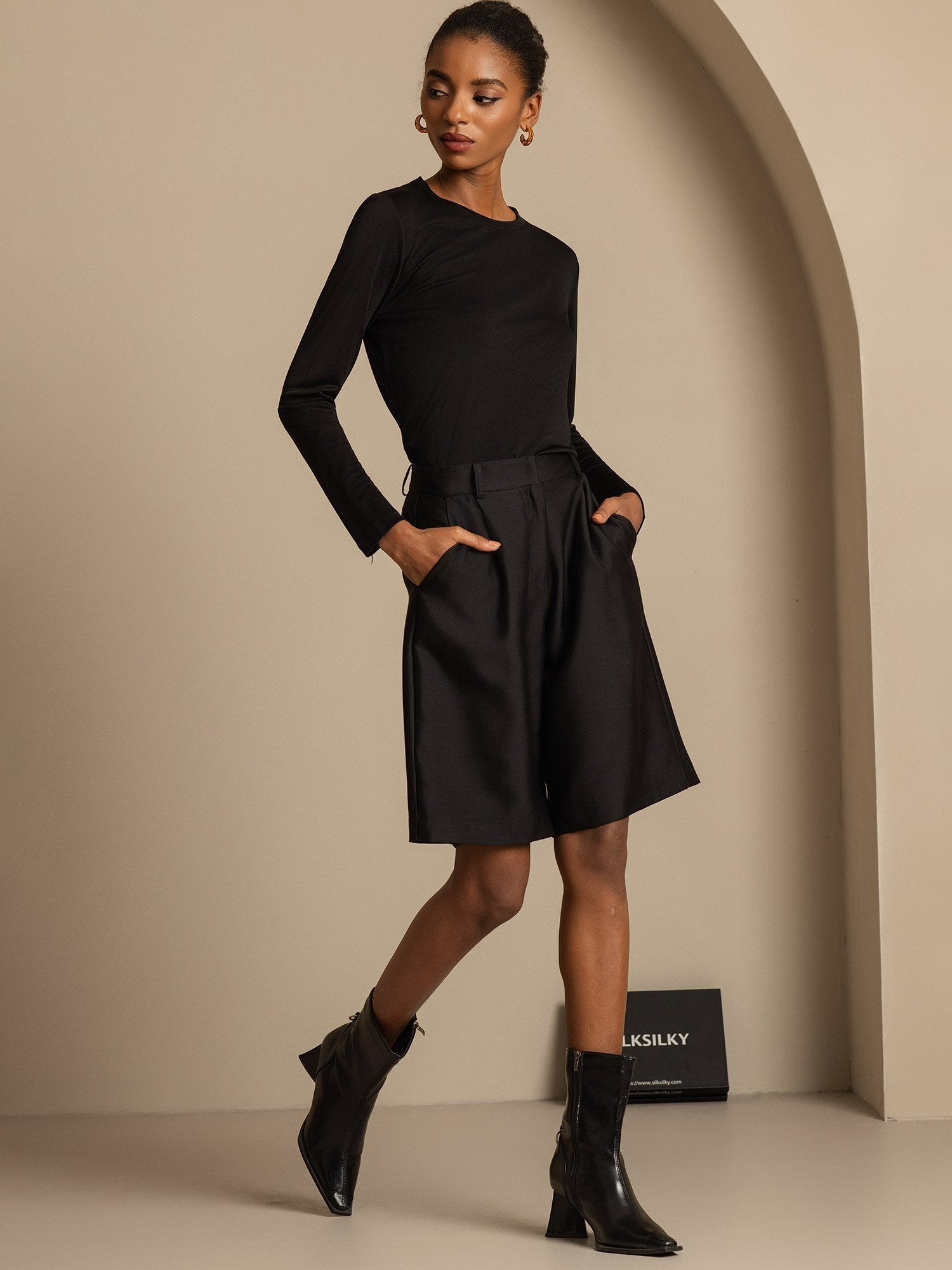 [Noir] SilkSilky-FR 32Momme Soie Womens Shorts 006,