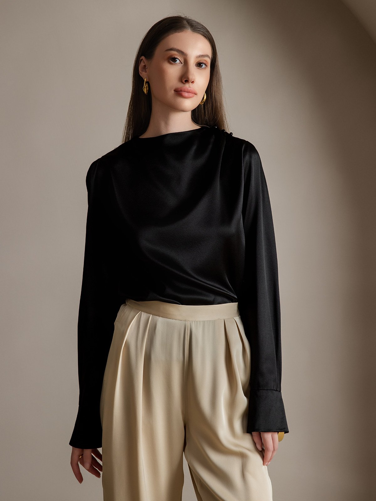 [Noir] SilkSilky-FR 19Momme Soie Womens Shirt 001