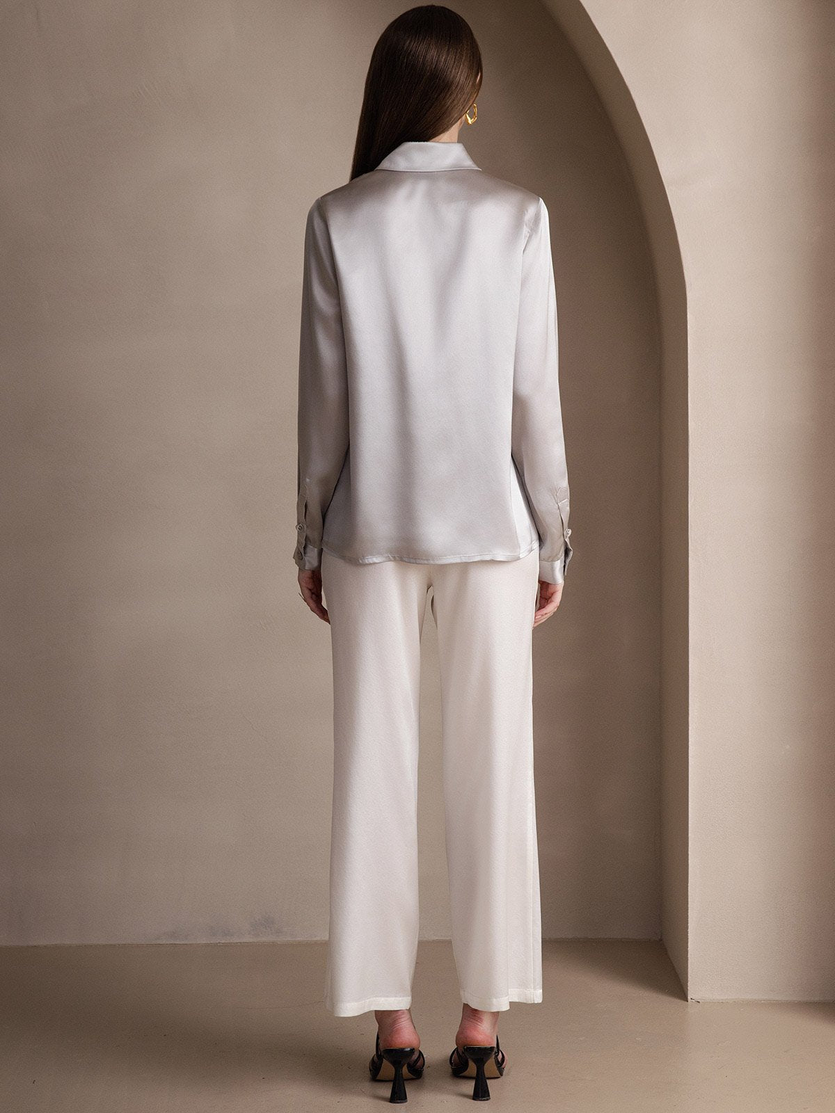 [Gris Clair] SilkSilky-FR 19Momme Soie Manches longues Col Chemise Femme Chemise 002