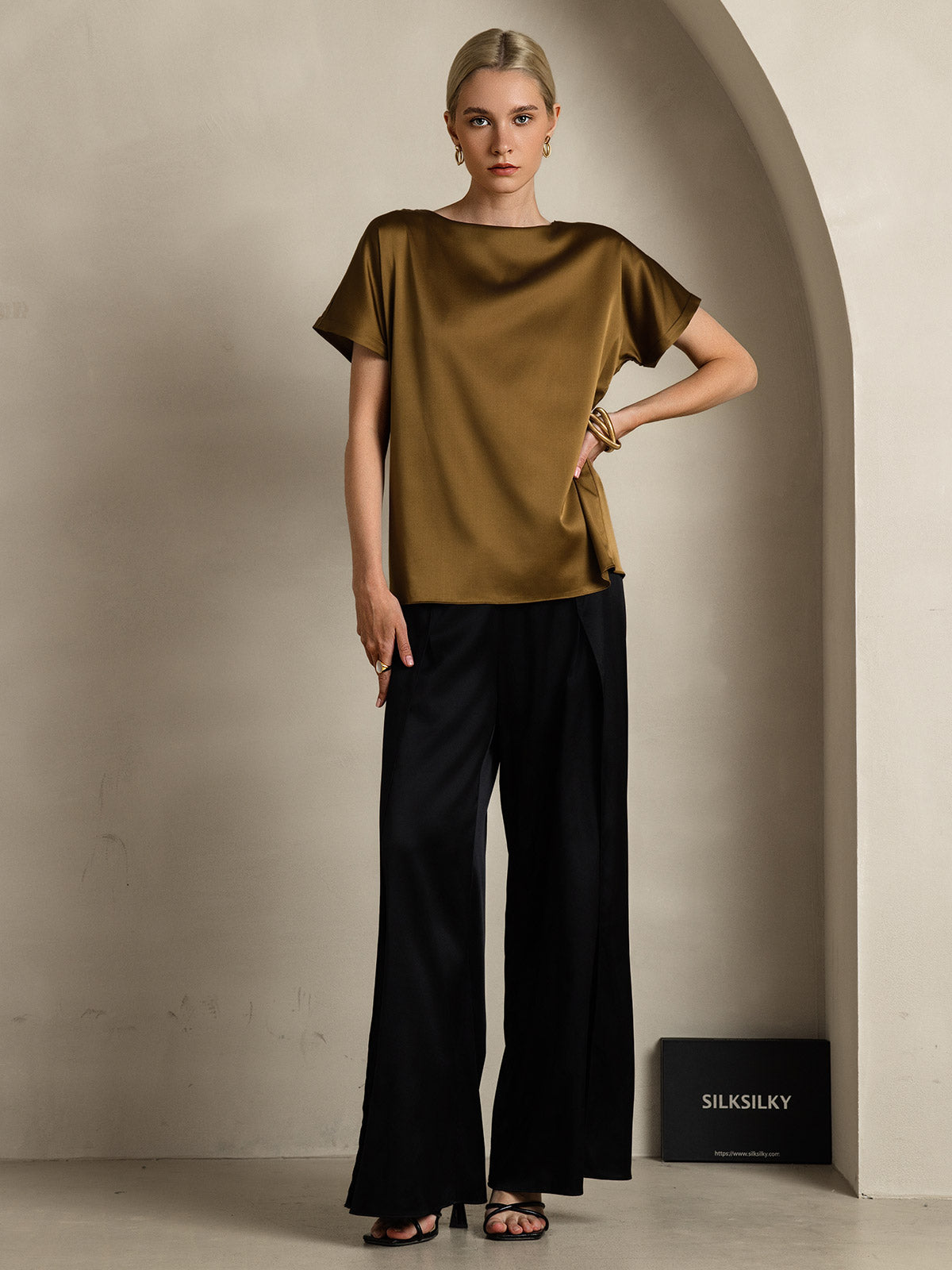 [Brun] SilkSilky-FR 19Momme Soie Col Rond Femme T-Shirt 001