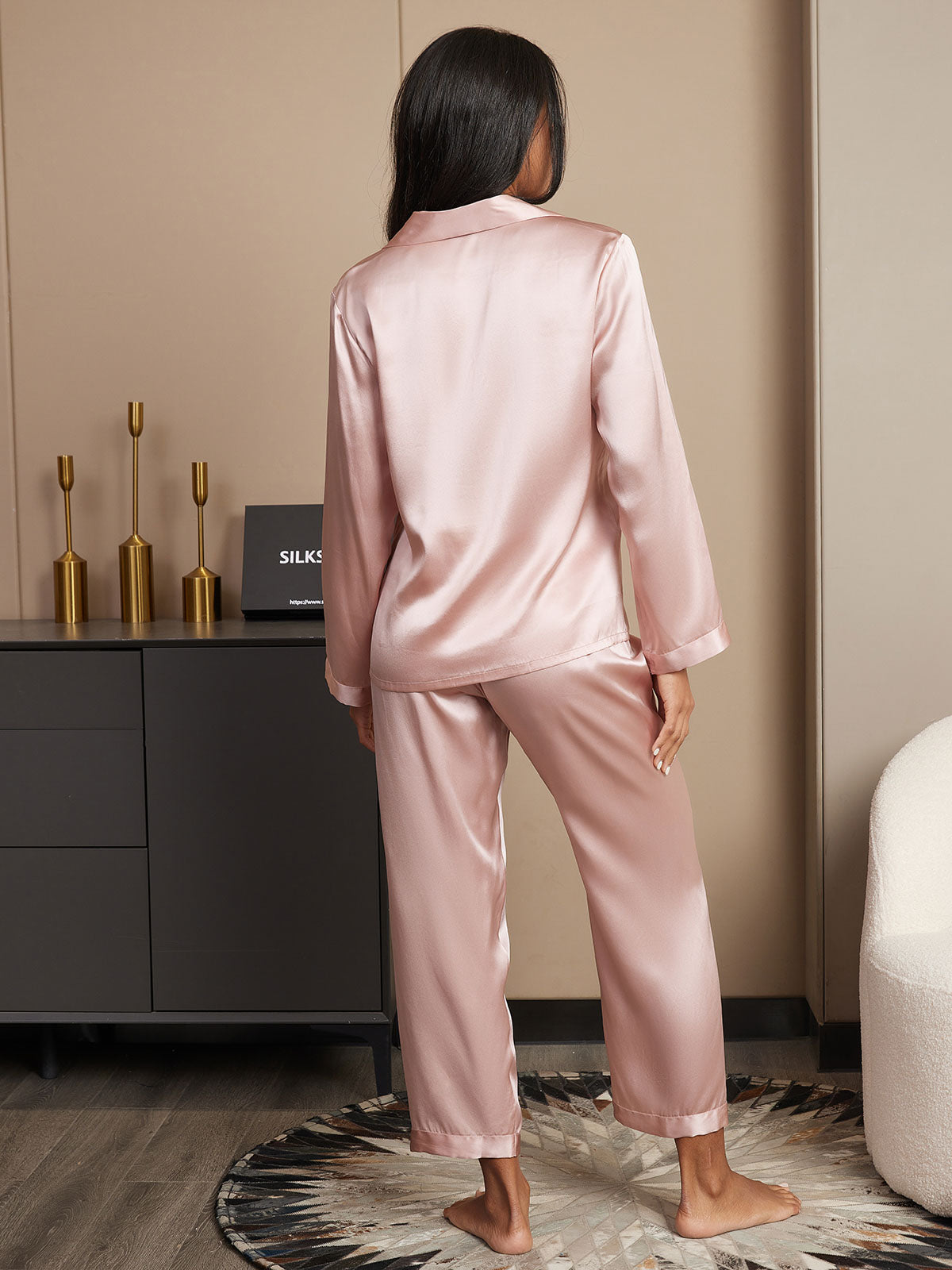 SilkSilky-FR Pure Soie Manches longues Revers Femme Pyjamas Rose 002