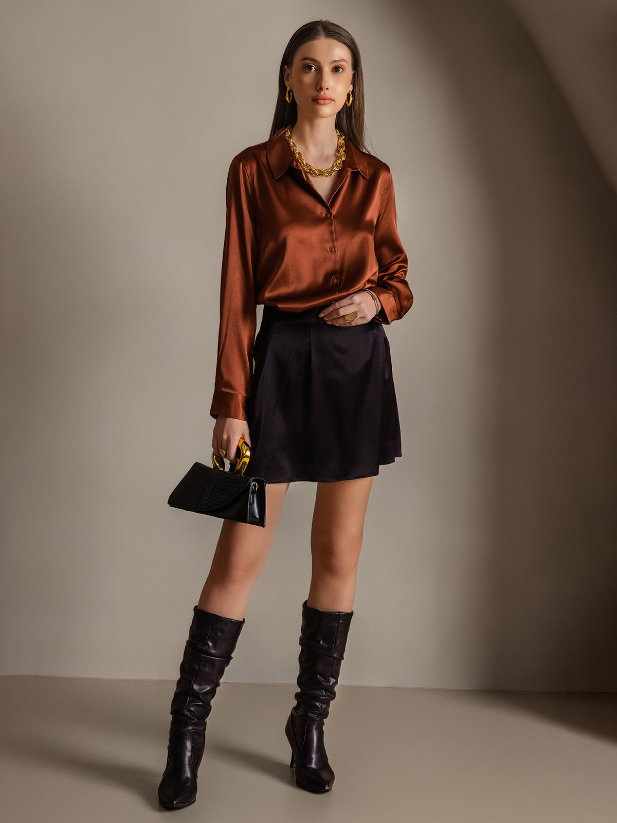 [Caramel] SilkSilky-FR 19Momme Manches longues Col à Revers Femme Chemise 005