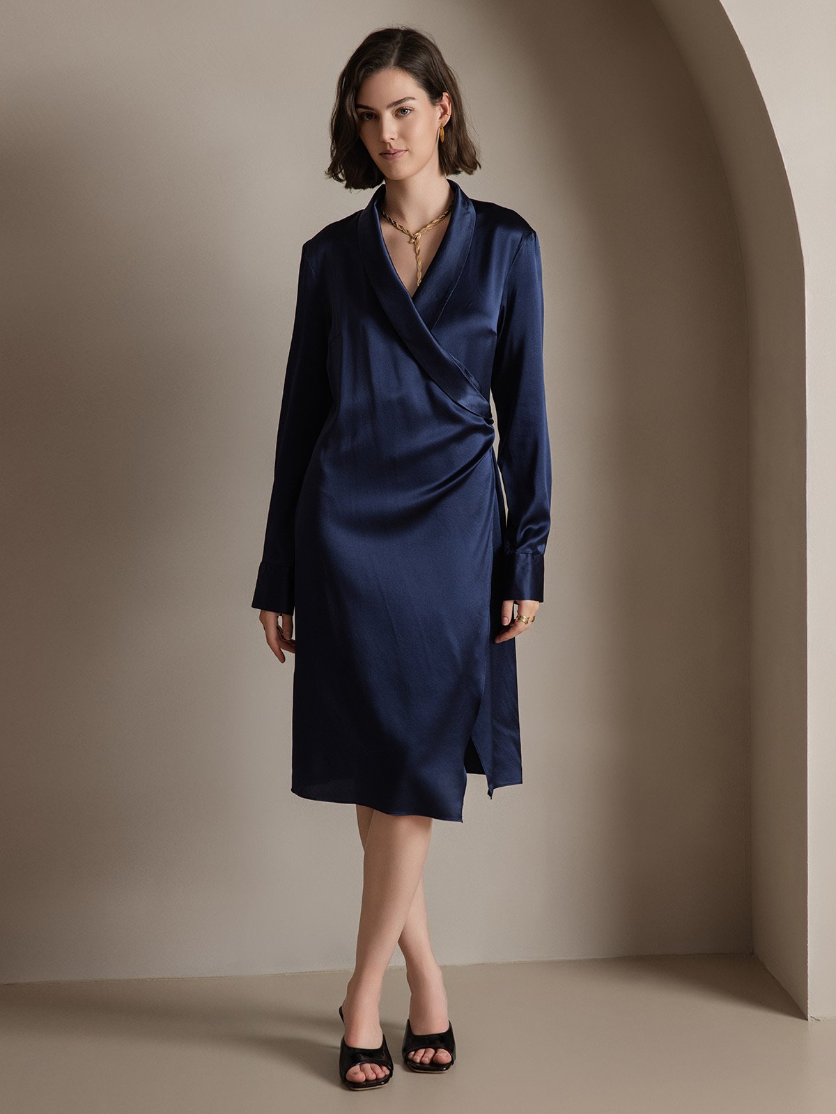 [Bleu Foncé] SilkSilky-FR 19Momme Soie Dress 004
