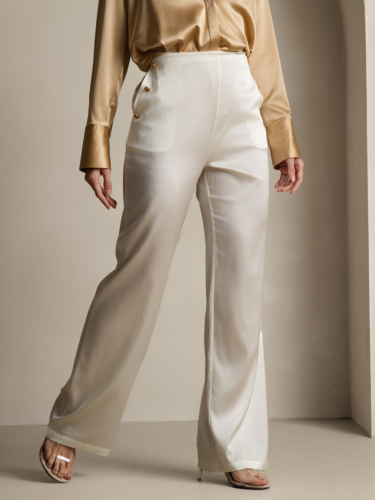 [Blanc] SilkSilky-FR 19Momme Femme Pantalons 004