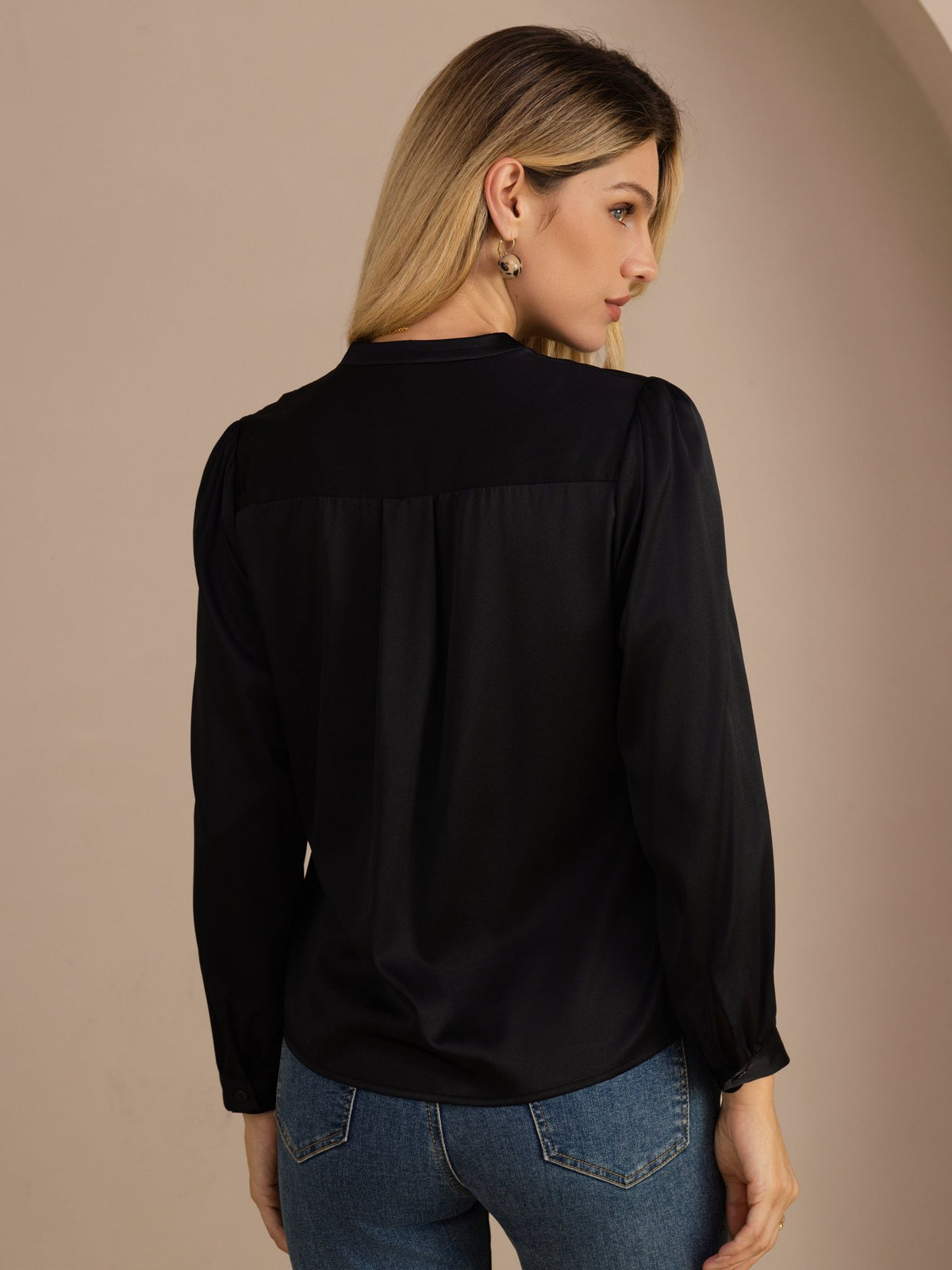 [Noir] SilkSilky-FR Long Sleeve Blouse 002