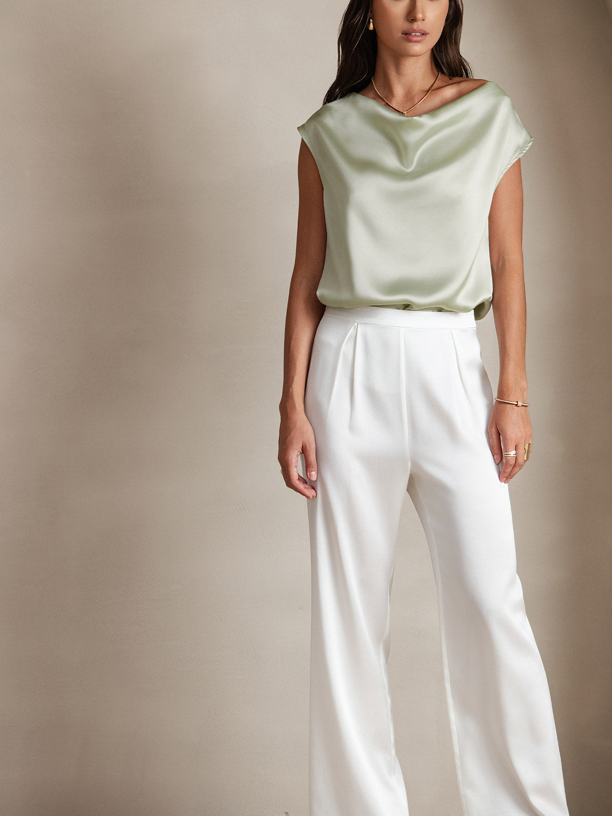 [Vert Clair] SilkSilky-FR 19Momme Soie Col Bénitier Femme T-Shirt 005