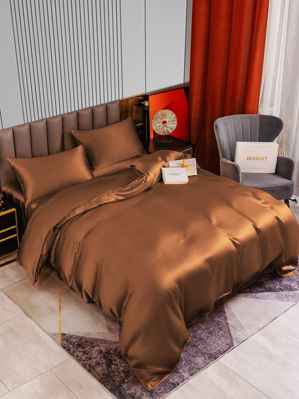 SilkSilky FR 22Momme Pure Soie Bedding Set Café 002