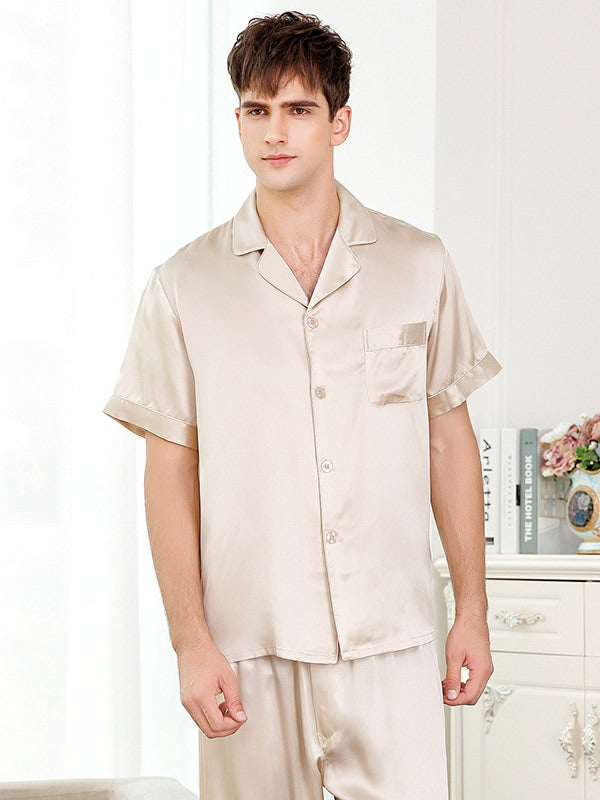 SilkSilky FR 19Momme Pure Soie Manches courtes Revers Homme Pyjamas Beige 001