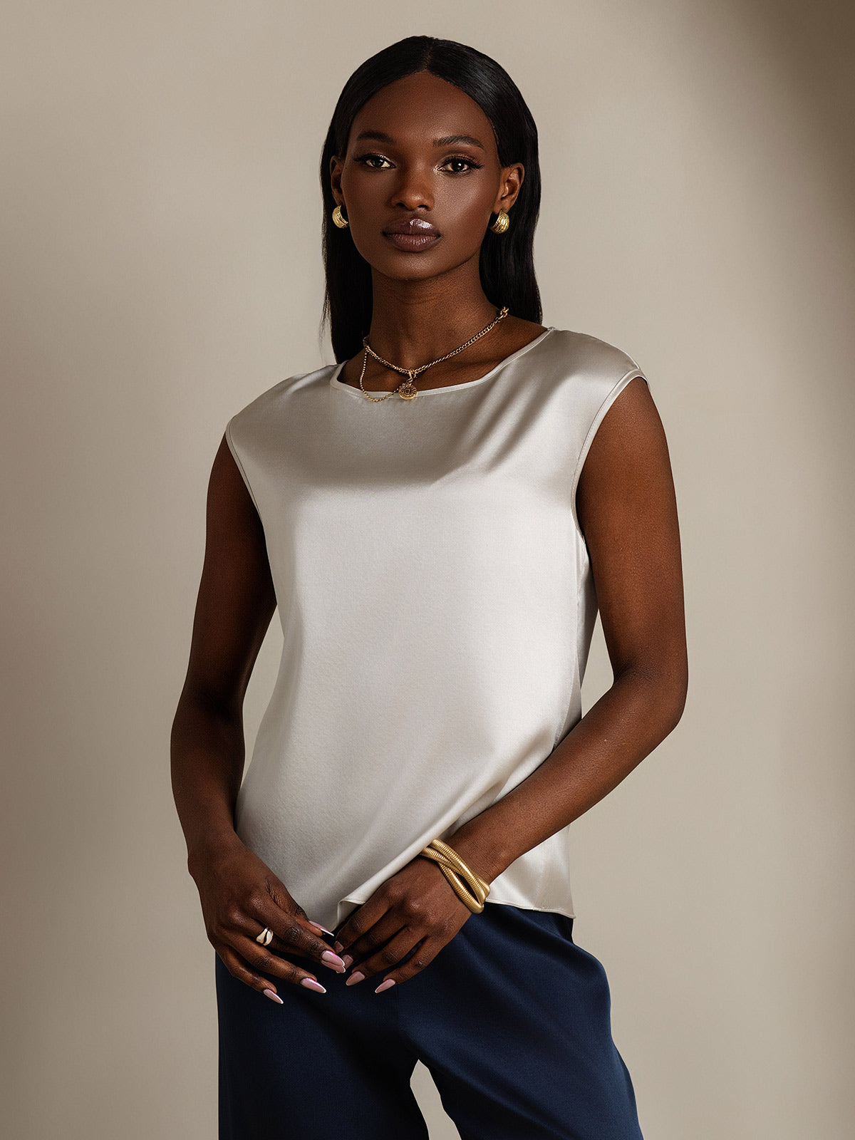 [Gris Clair] SilkSilky-FR 19Momme Soie Col Rond Femme T-Shirt 003
