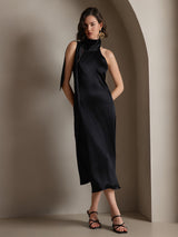 [Noir] SilkSilky-FR Sleeveless Tie Neck Robes 006