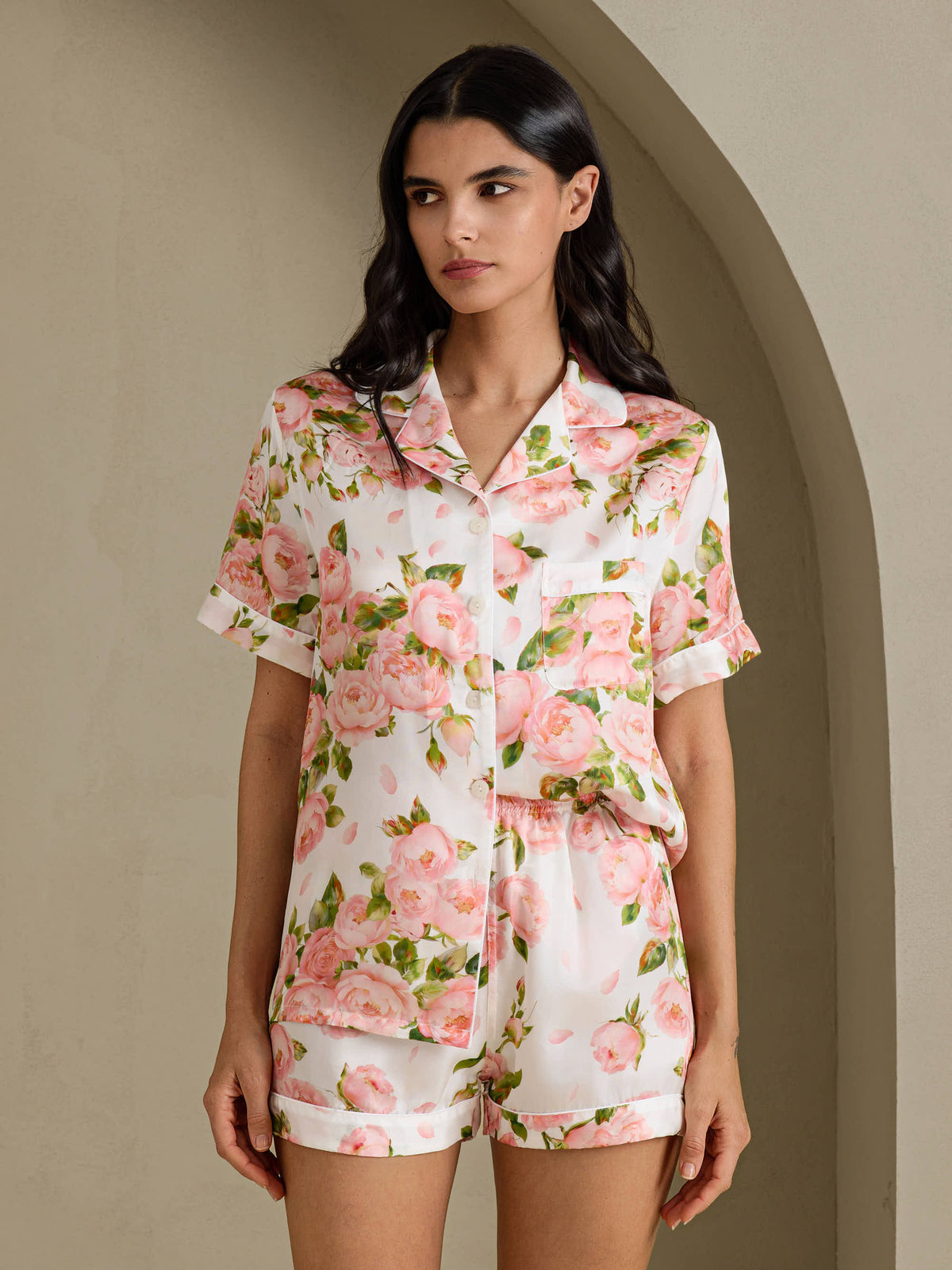 [Pivoine Blanche] SilkSilky-FR Short Sleeve Notch Collar Femme Pyjamas 001