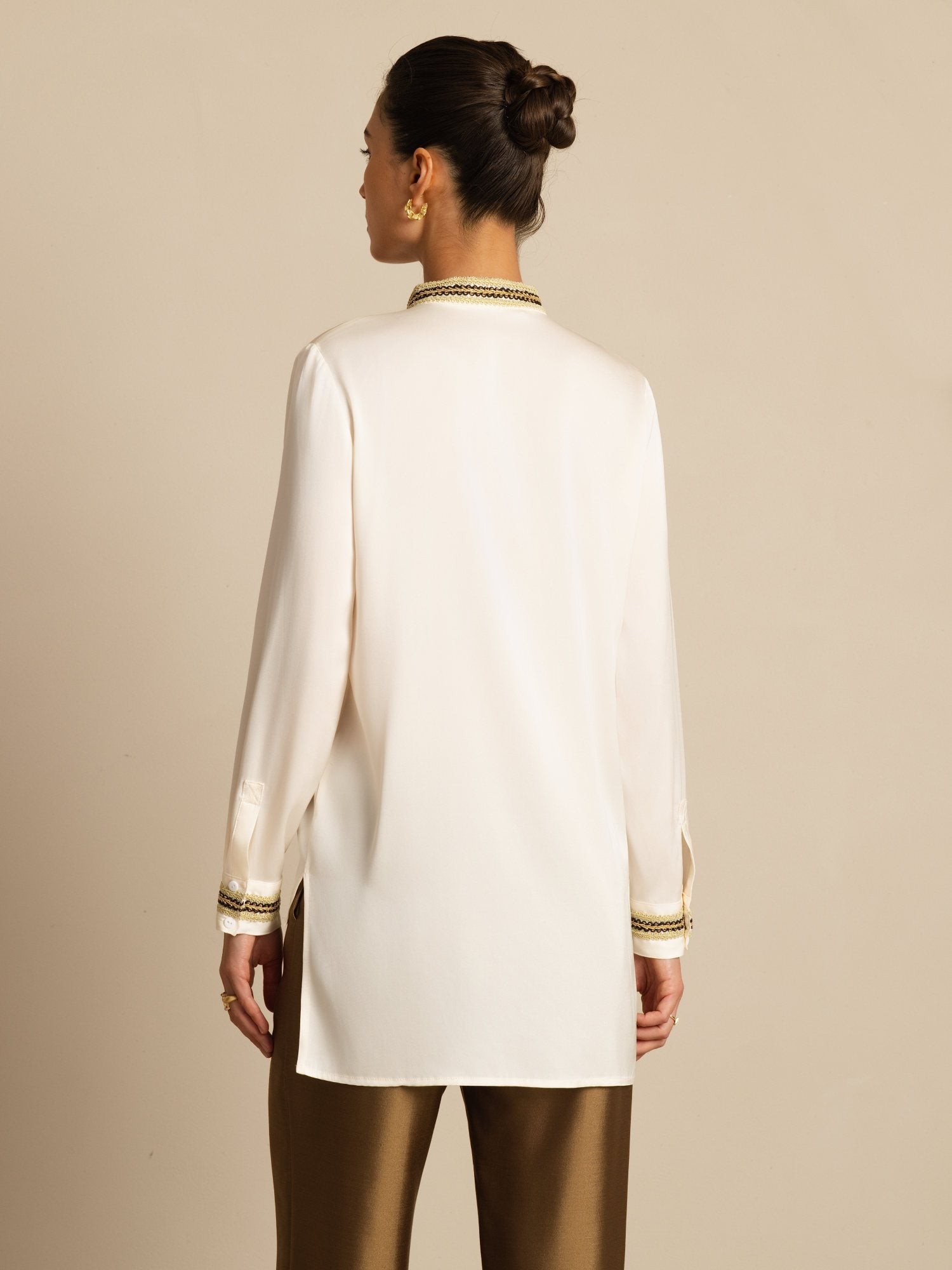 [Perle De Mer] SilkSilky-FR 19Momme Soie Manches longues Col Montant Blouse 002