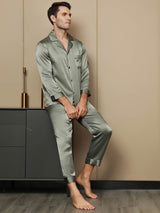 [Vert Grisâtre] SilkSilky-FR Pure Soie Manches longues Revers Homme Pyjamas 003