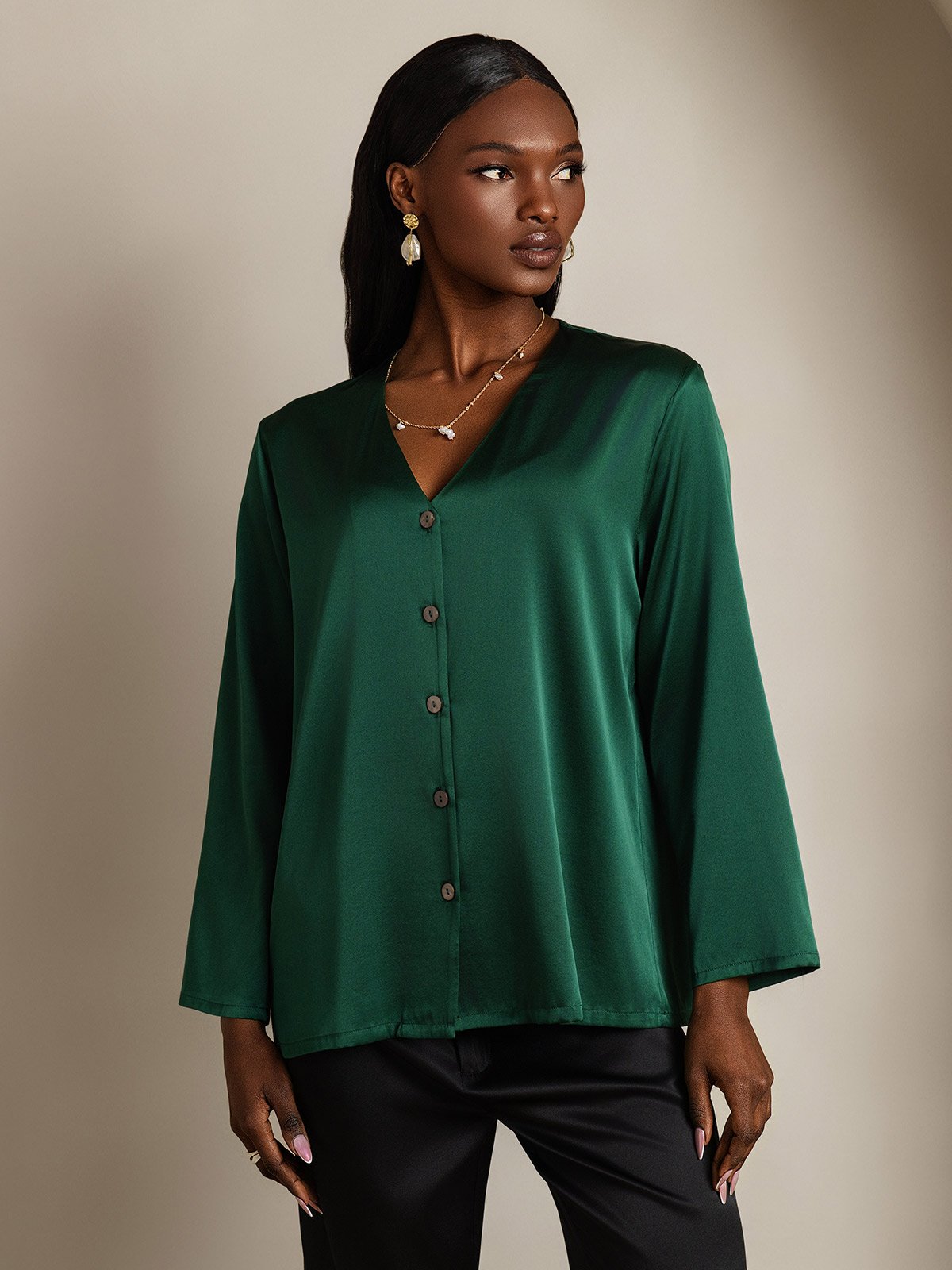 [Vert Foncé] SilkSilky-FR 19Momme Soie Col en V Femme Chemise 005