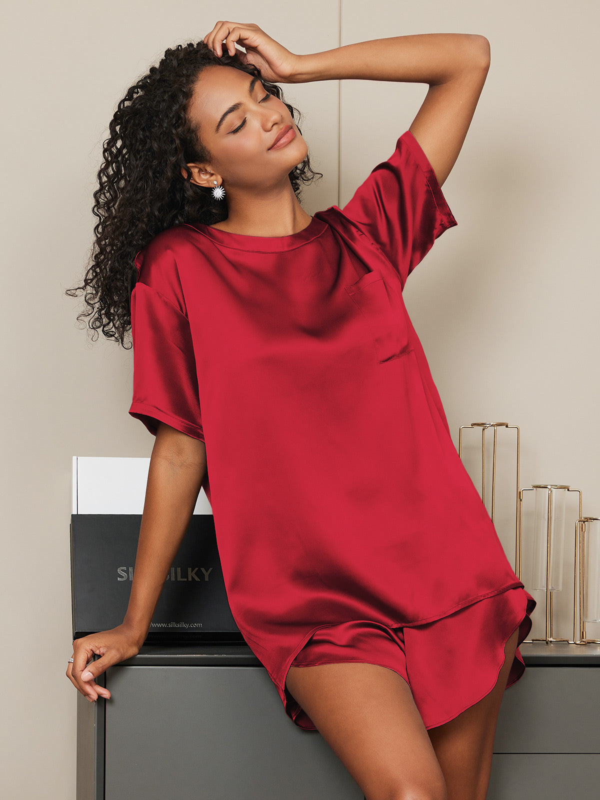 [Rouge Vineux] SilkSilky-FR Pure Soie Col Rond Femme Pyjamas 004