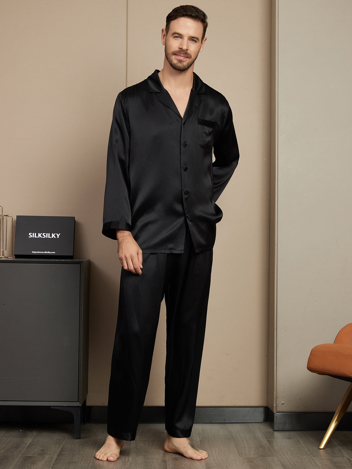 SilkSilky FR Pure Soie Manches longues Mens Pajamas Noir 005