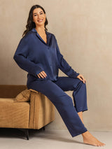 [Bleu Foncé] SilkSilky-FR 19Momme Manches longues Col Cranté Femme Pyjamas 008
