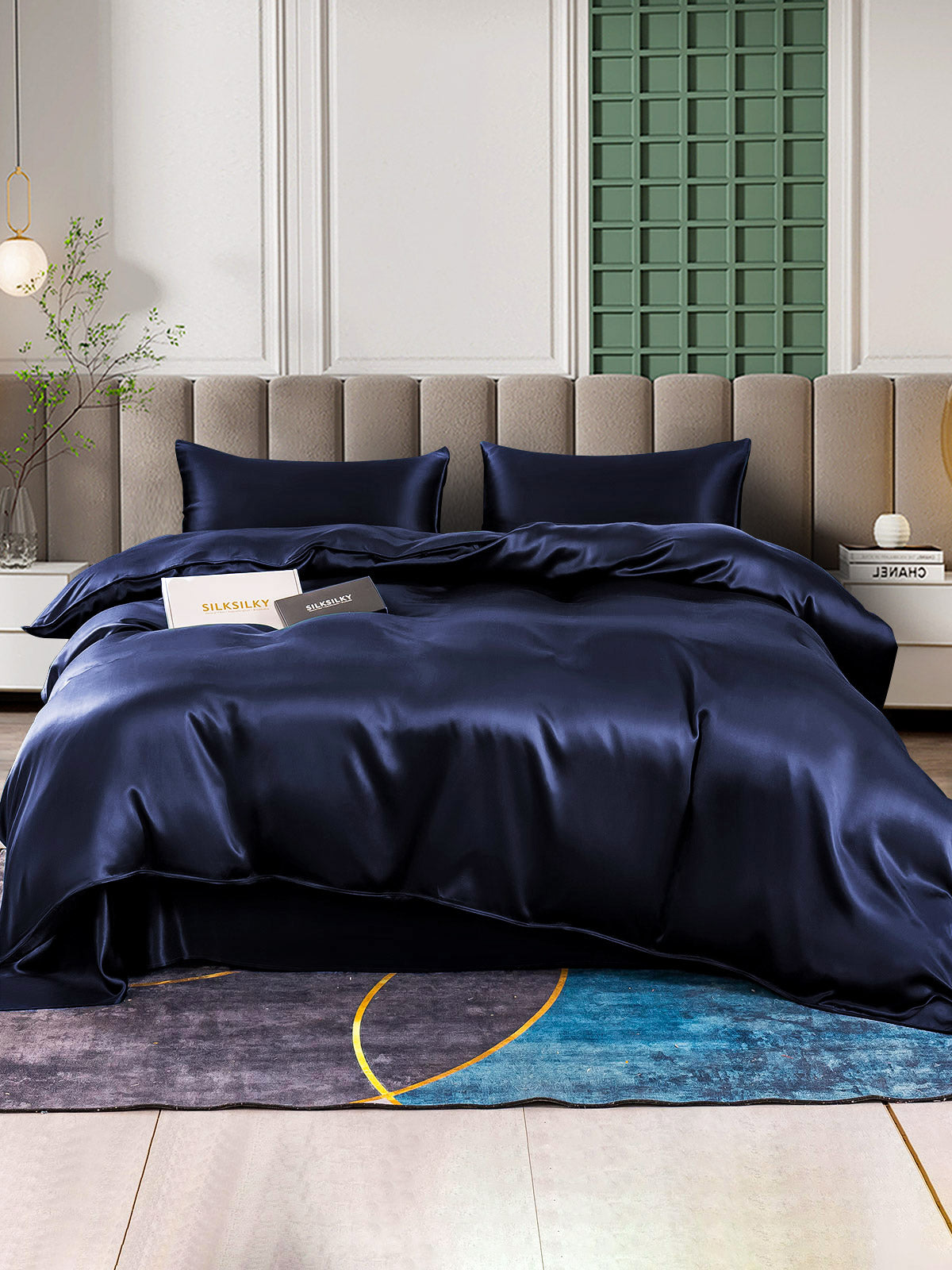 SilkSilky FR 25Momme Pure Soie Bedding Set BleuFoncé 001