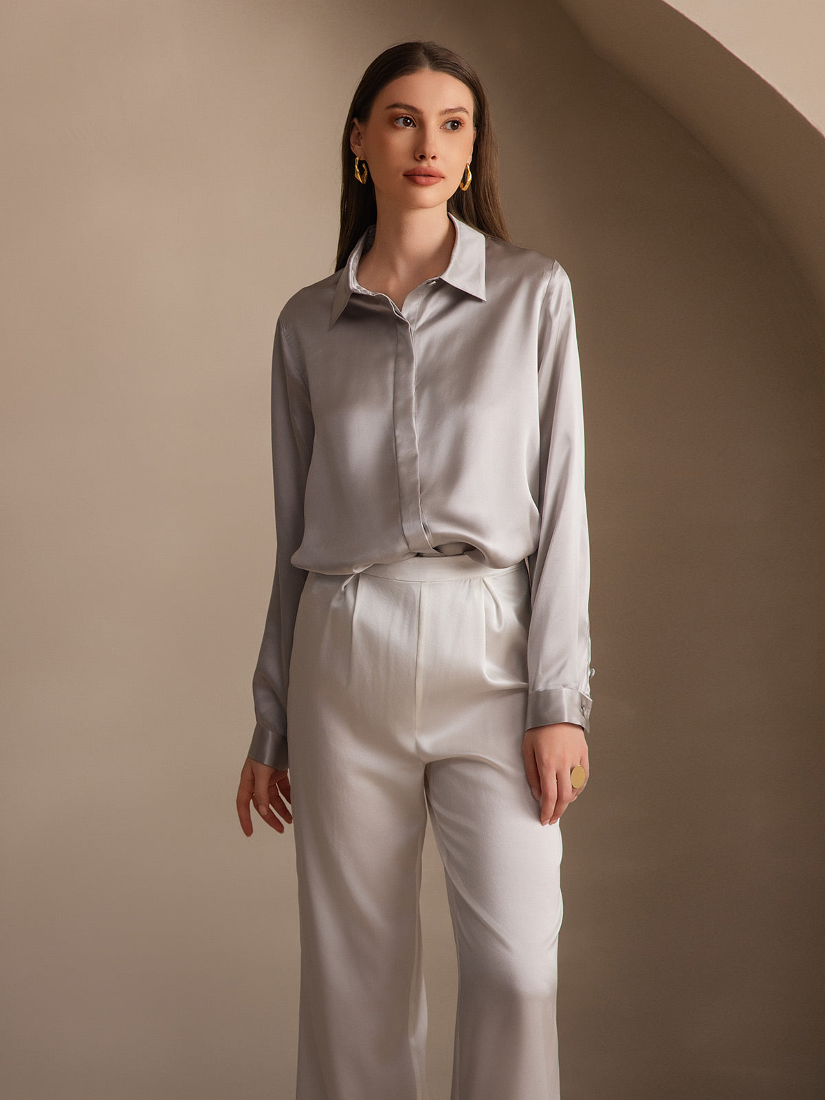 [Gris Clair] SilkSilky-FR 19Momme Soie Lapel Collar Femme Chemise 006