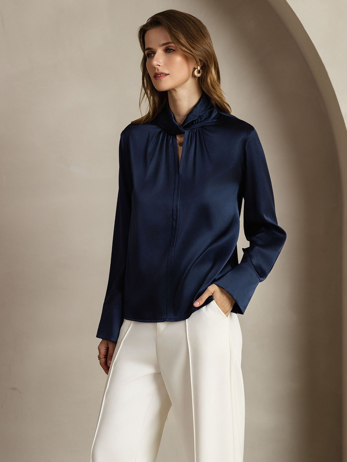 [BleuFoncé] SilkSilky-FR 19Momme Soie Womens Shirt 003