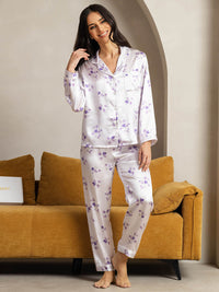 Détail col revers boutonnage veste soie floraison lilas