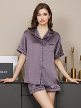 [Gris Pourpre] SilkSilky-FR Short Sleeve Lapel Collar Femme Pyjamas 003